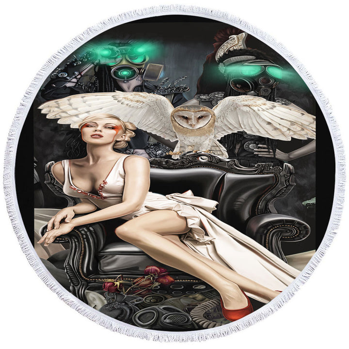 Fiction Art Gorgeous Blond Girl and Owl Round Beach Towels