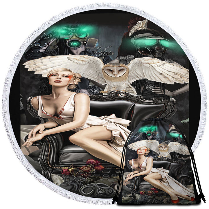 Fiction Art Gorgeous Blond Girl and Owl Unusual Beach Towels