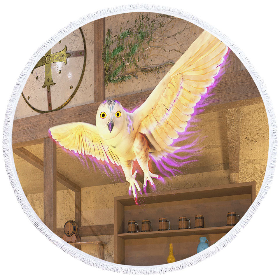 Fiction Artwork White Owl Round Beach Towel