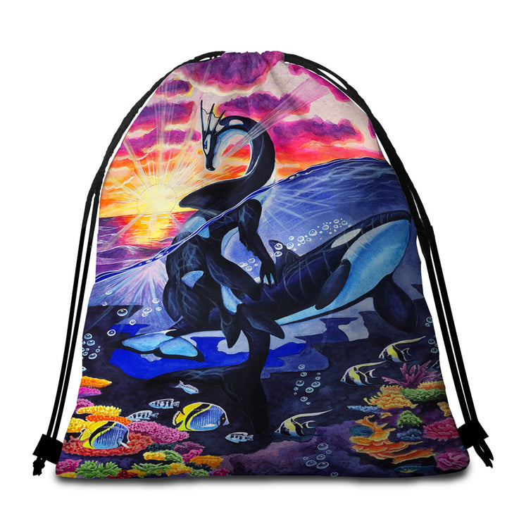 Fine Art Beach Bags for Towel Ocean Sunrise Corals Fish Whales and Dragon