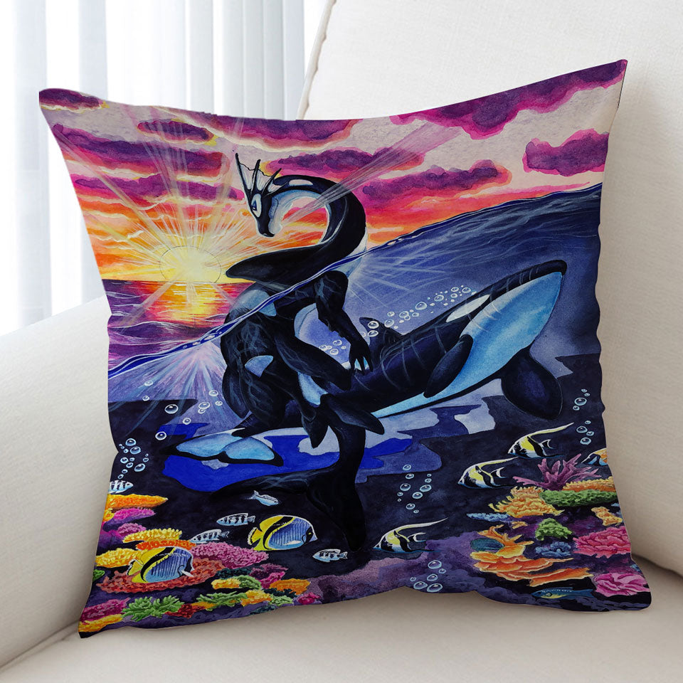 Fine Art Decorative Cushions Ocean Sunrise Corals Fish Whales and Dragon