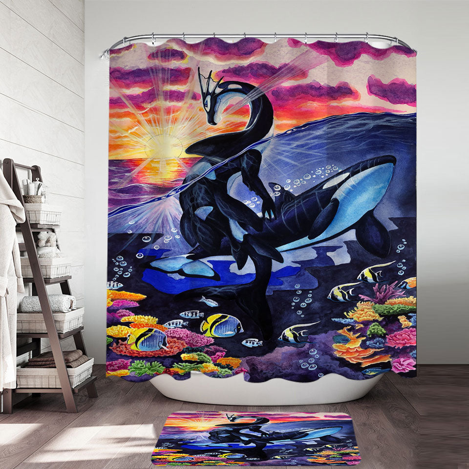 Fine Art Shower Curtains Ocean Sunrise Corals Fish Whales and Dragon