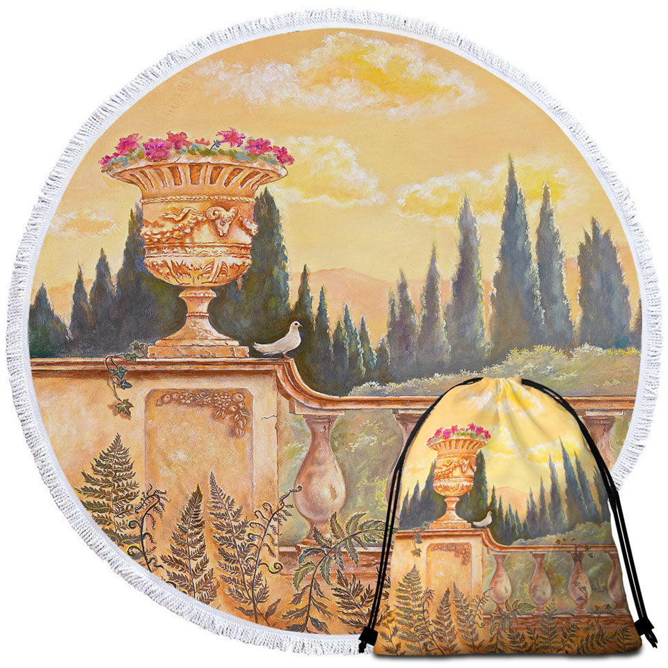 Fine Beach Towels and Bags Set Art Painting Beautiful Terrace Facing the Forest