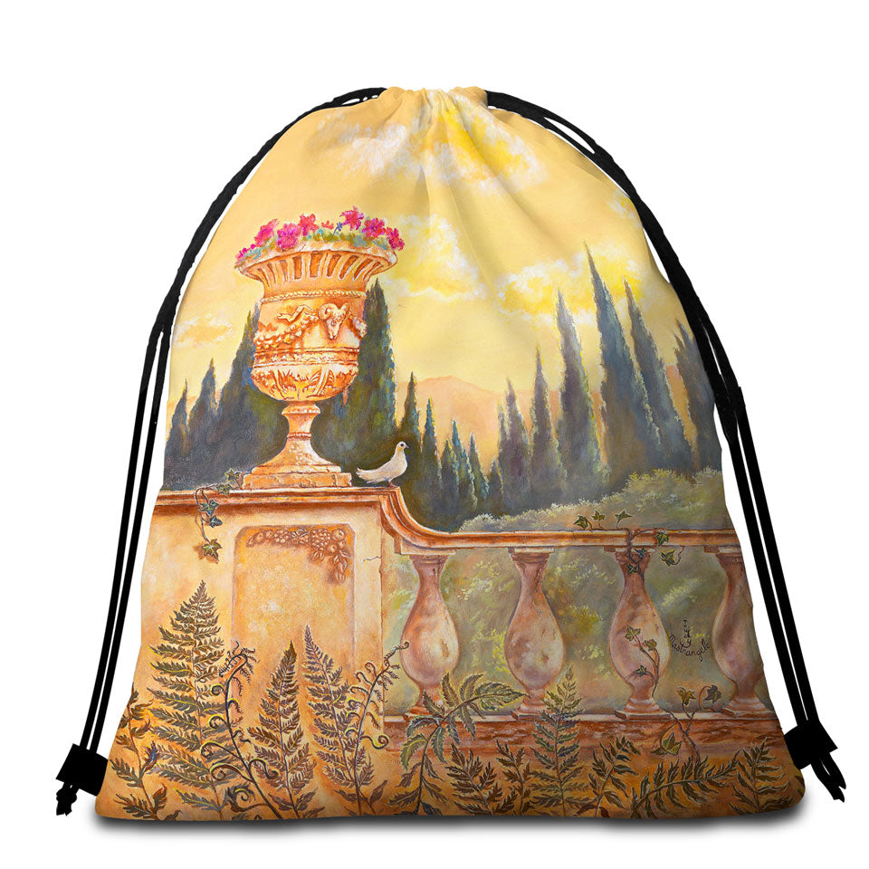 Fine Packable Beach Towel Art Painting Beautiful Terrace Facing the Forest