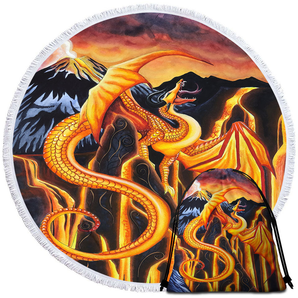 Fire Falls Fantasy Art Painting Beach Towels Dragon