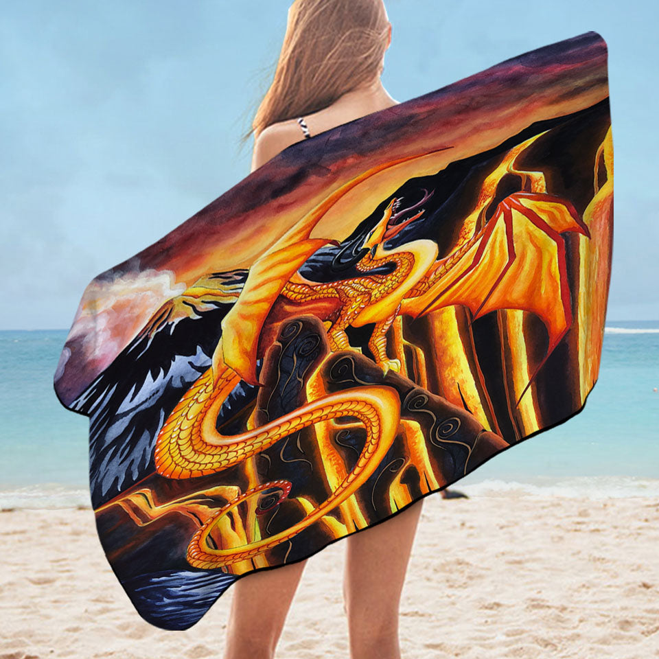 Fire Falls Fantasy Art Painting Microfibre Beach Towels Dragon