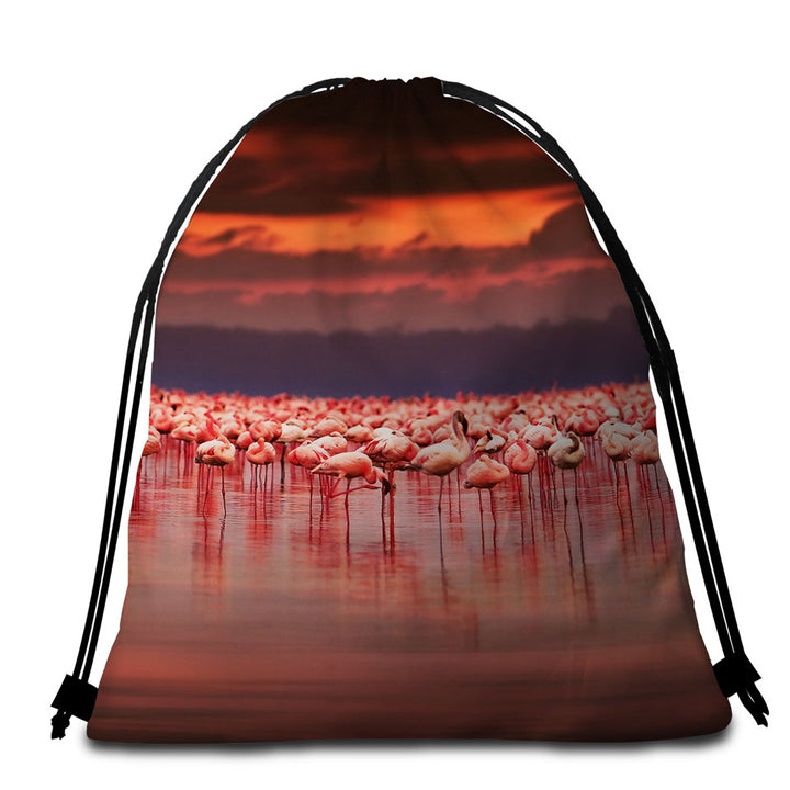 Flamingo Beach Towel Bags Flamboyance of Flamingo Beneath Sunset Sky