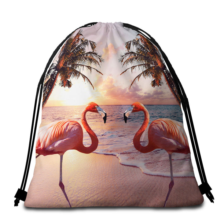 Flamingos Beach Towel Bags Beach Colorful Sunset Palm Trees and Flamingos