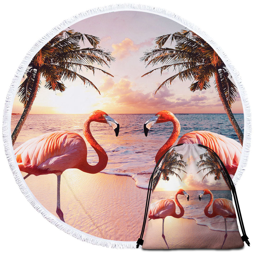 Flamingos Beach Towels Colorful Sunset Palm Trees and Flamingos