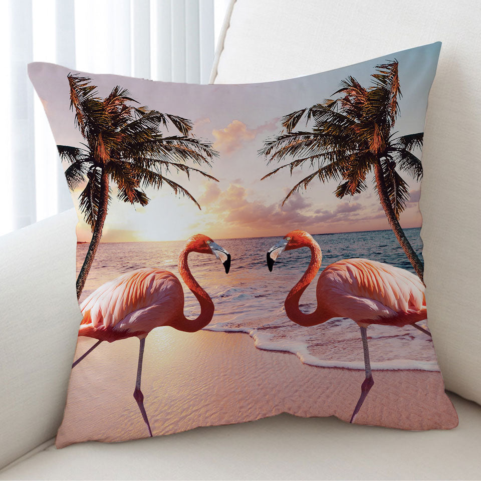 Flamingos Cushion Cover Beach Colorful Sunset Palm Trees and Flamingos