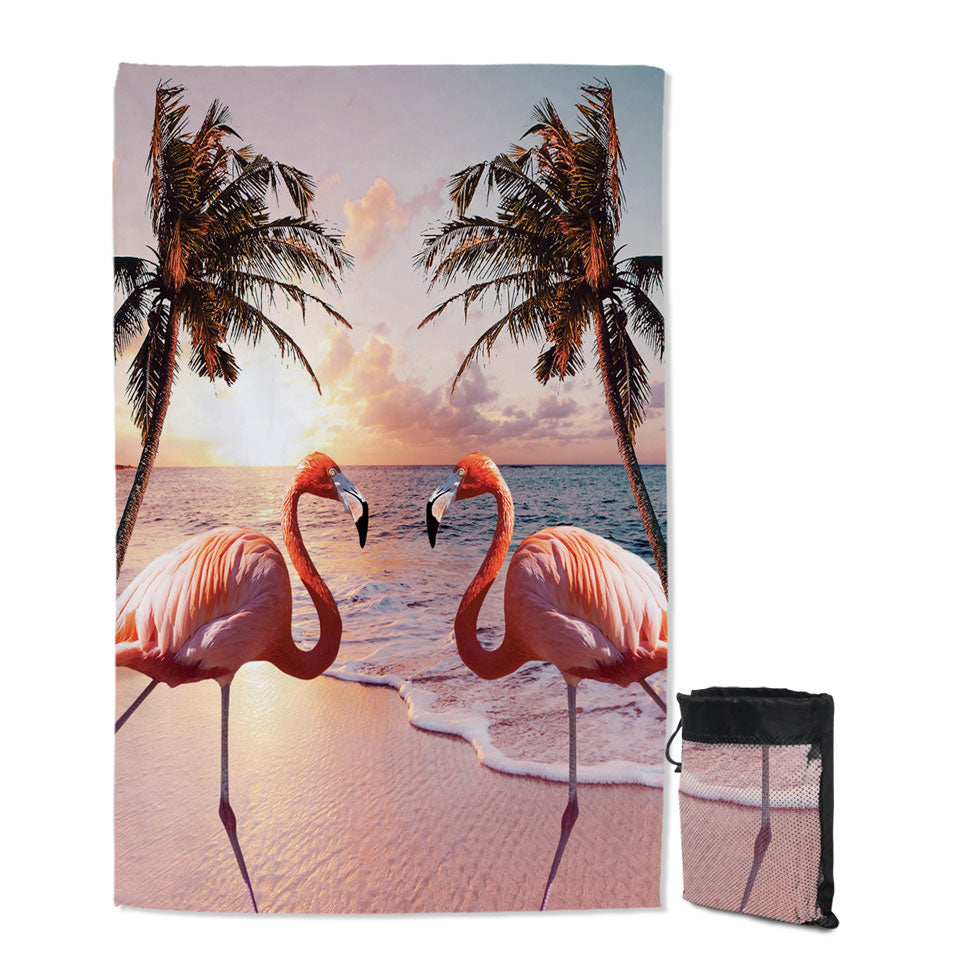 Flamingos Giant Beach Towel Colorful Sunset Palm Trees and Flamingos