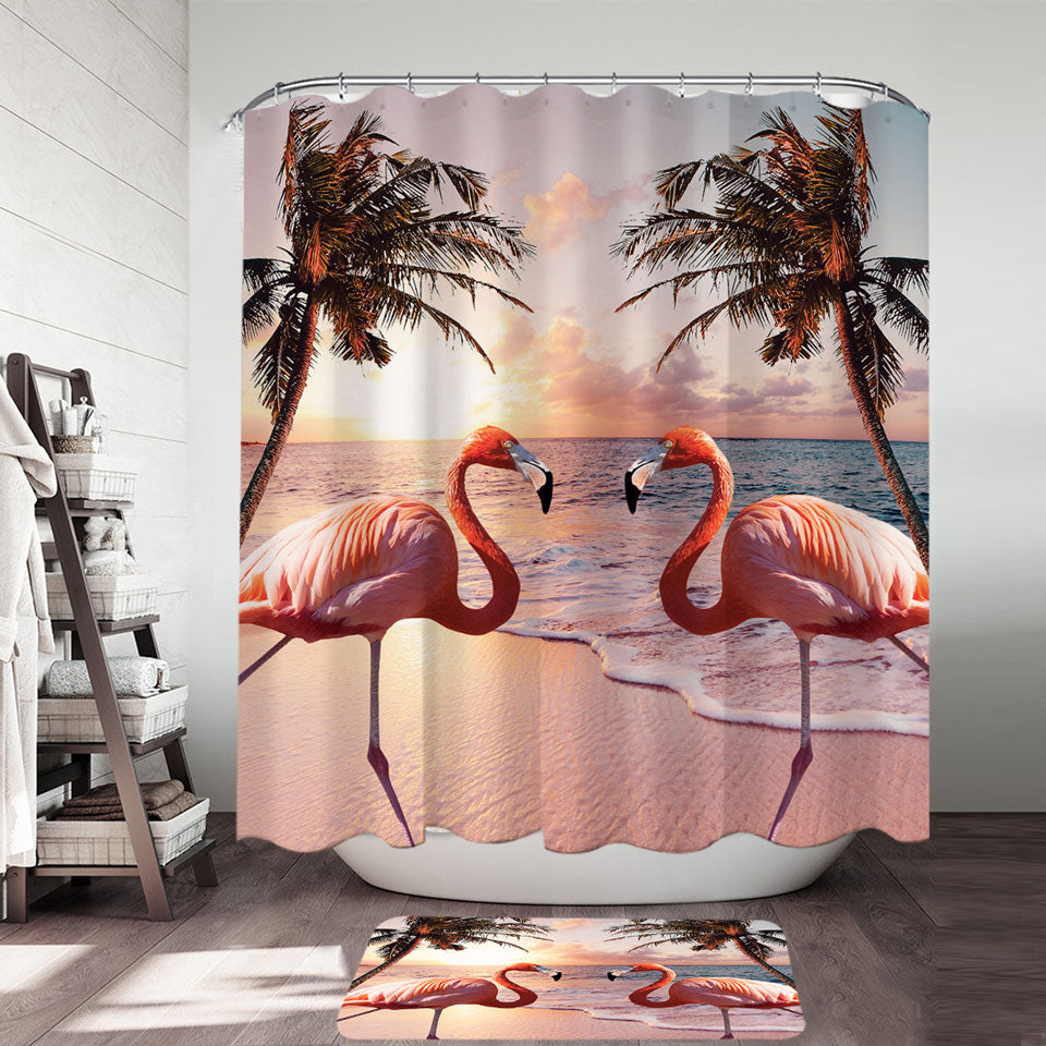 Flamingos Shower Curtain Beach Colorful Sunset Palm Trees and Flamingos