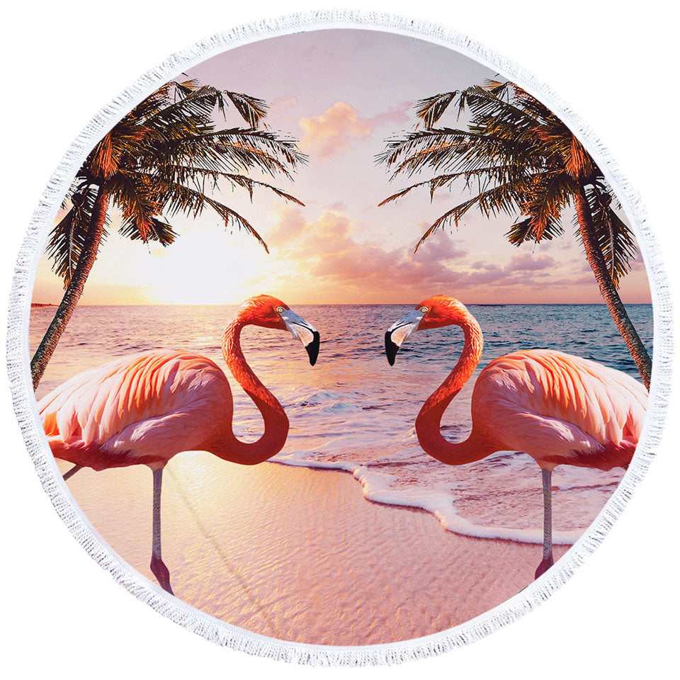 Flamingos Unique Beach Towels Colorful Sunset Palm Trees and Flamingos
