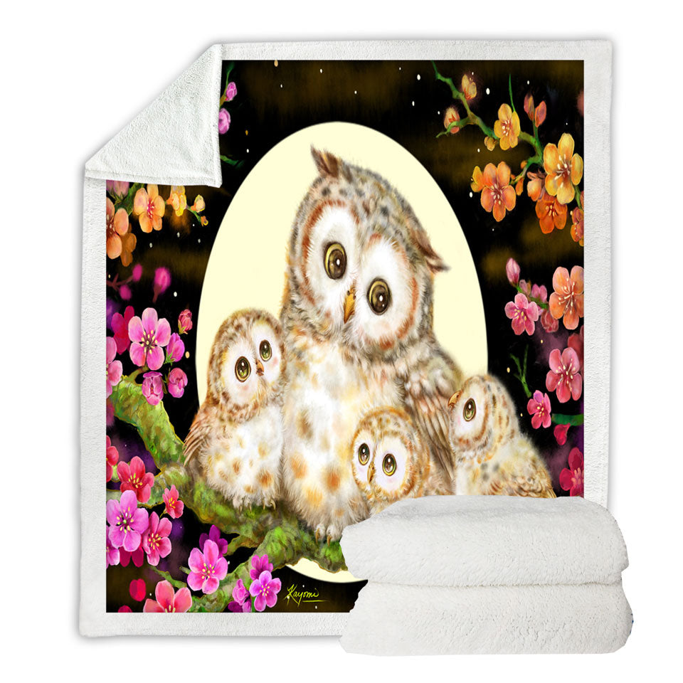 Fleece Blanket With Flowers and Moonlight Lullaby Cute Owl Family