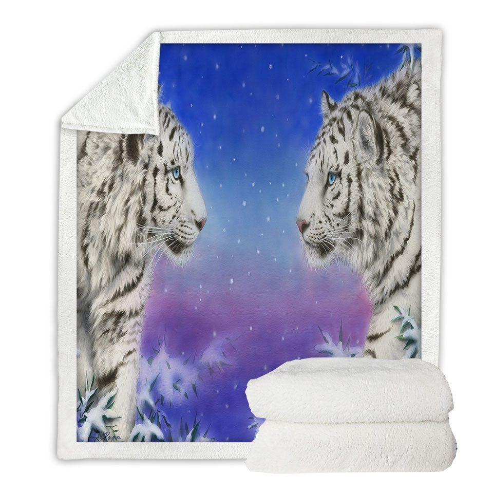 Fleece Blankets for Guys Wild Animal Art White Tigers at Winter Night