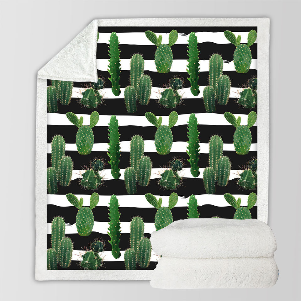 Fleece Blankets with Cactus over Black and White Stripes