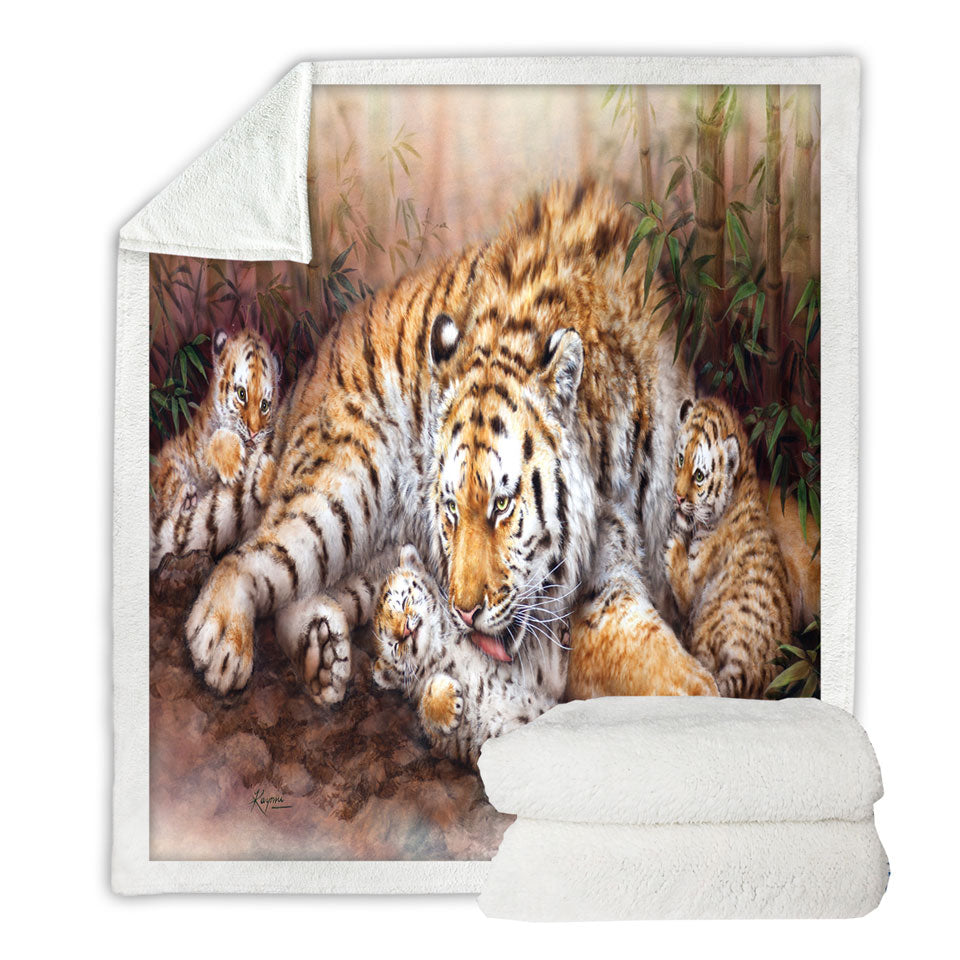 Fleece Blankets with Wildlife Animal Art Tiger Family in Bamboo Forest