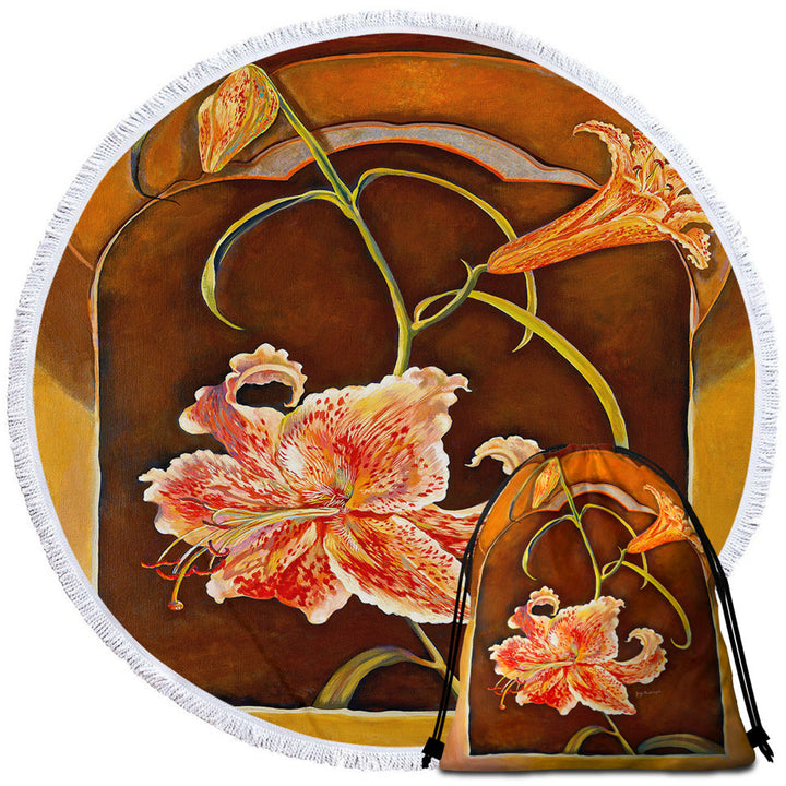 Floral Art Tiger Lilies Round Beach Towel