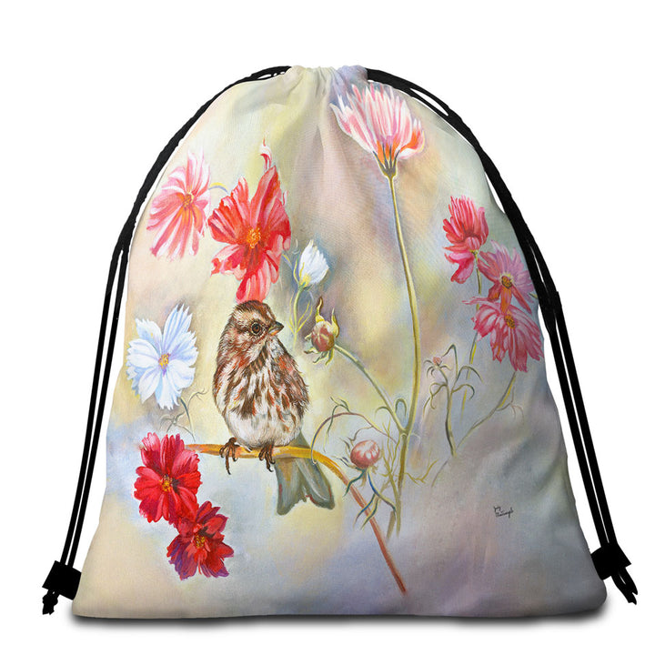 Floral Beach Bags and Towels Art Sparrow Bird in Cosmos Flowers