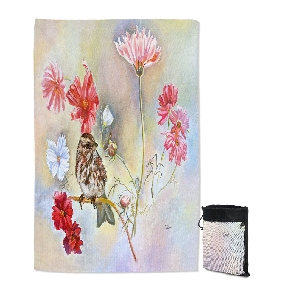 Floral Beach Towels Art Sparrow Bird in Cosmos Flowers