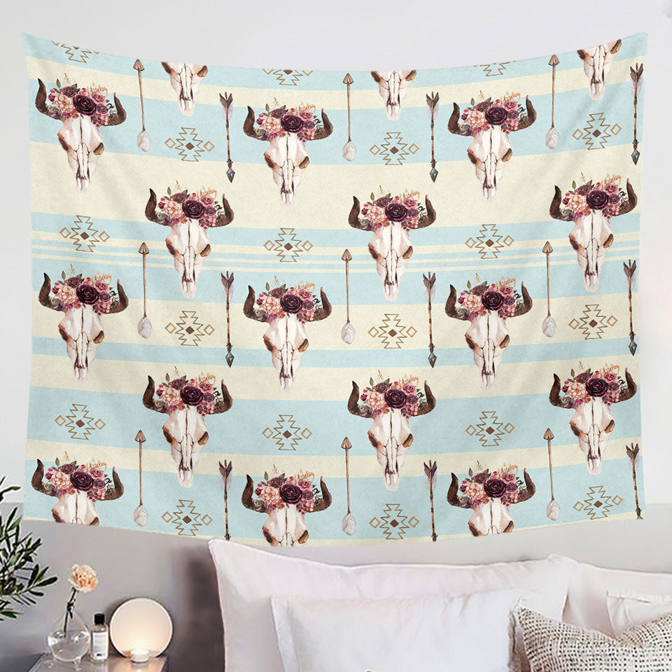 Floral Bull Skull Native Tapestry