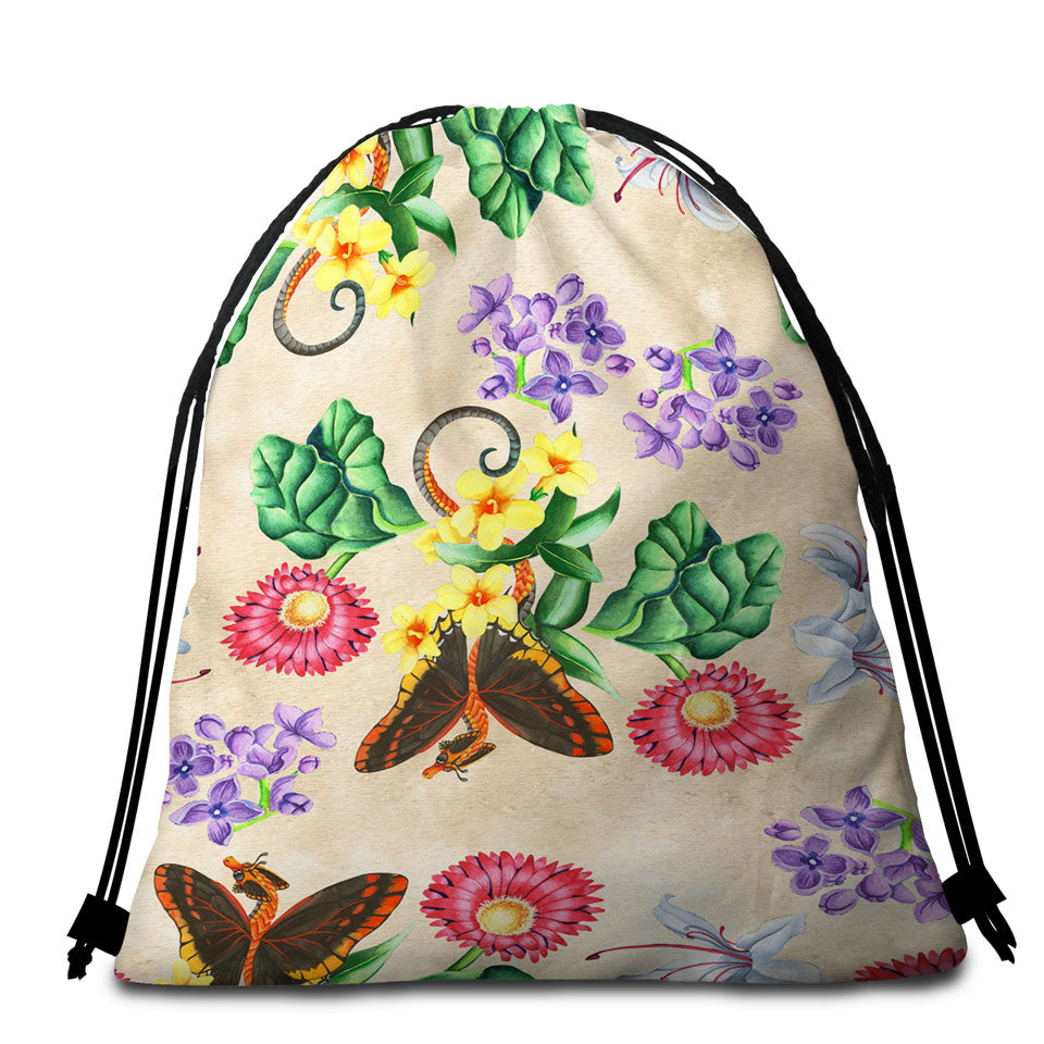 Floral Butterflies Dragons Beach Towels and Bags Set
