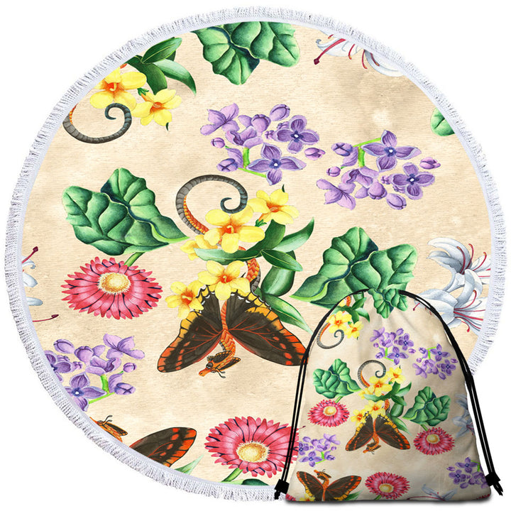 Floral Butterflies Dragons Circle Beach Towel