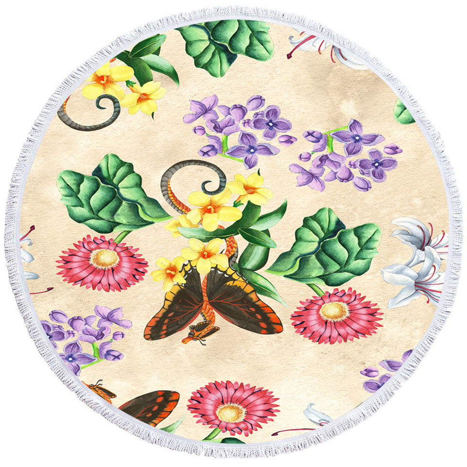 Floral Butterflies Dragons Round Beach Towel