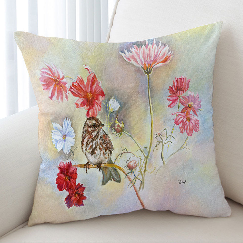 Floral Cushion Cover Art Sparrow Bird in Cosmos Flowers