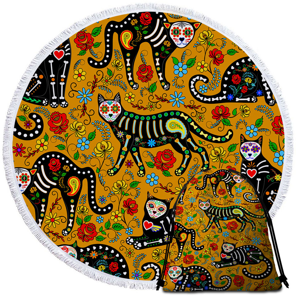 Floral Day of the Dead Cats Beach Towels