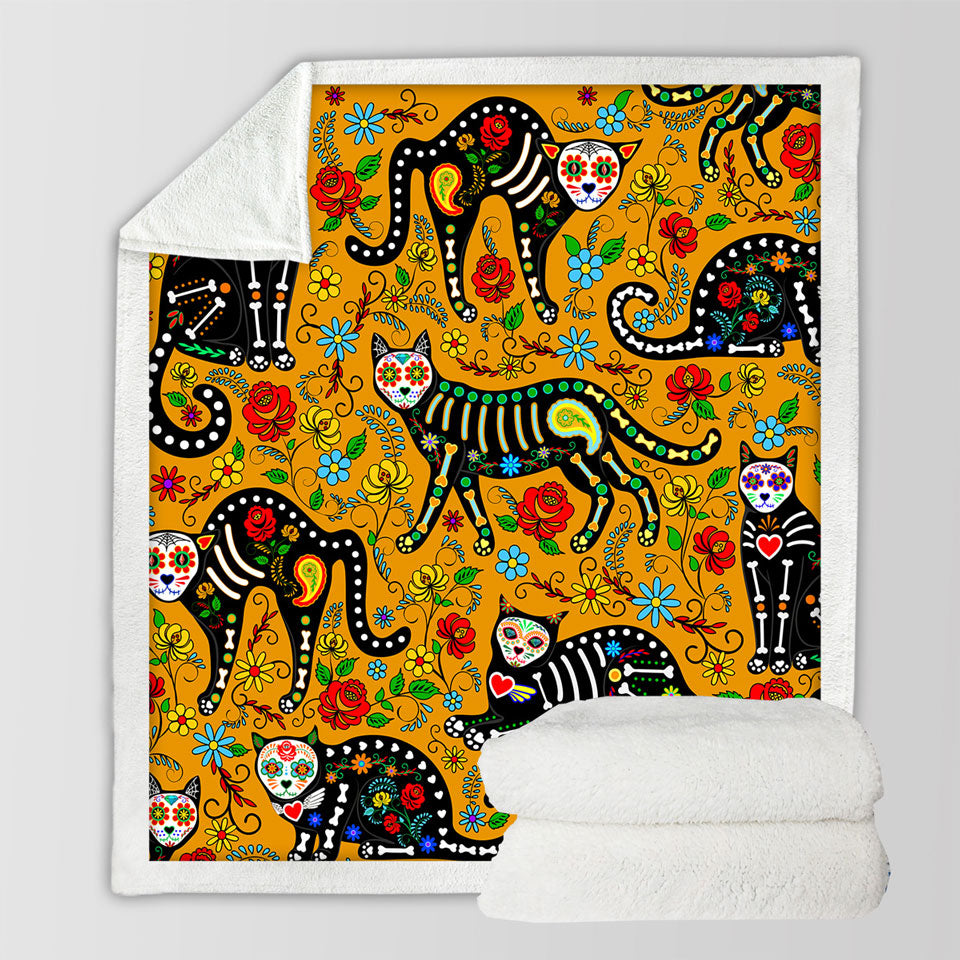 Floral Day of the Dead Cats Blankets