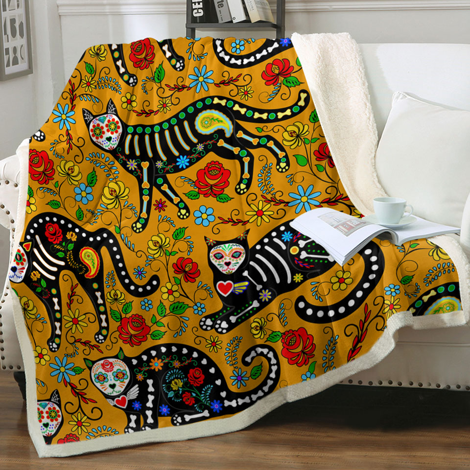 Floral Day of the Dead Cats Couch Throws