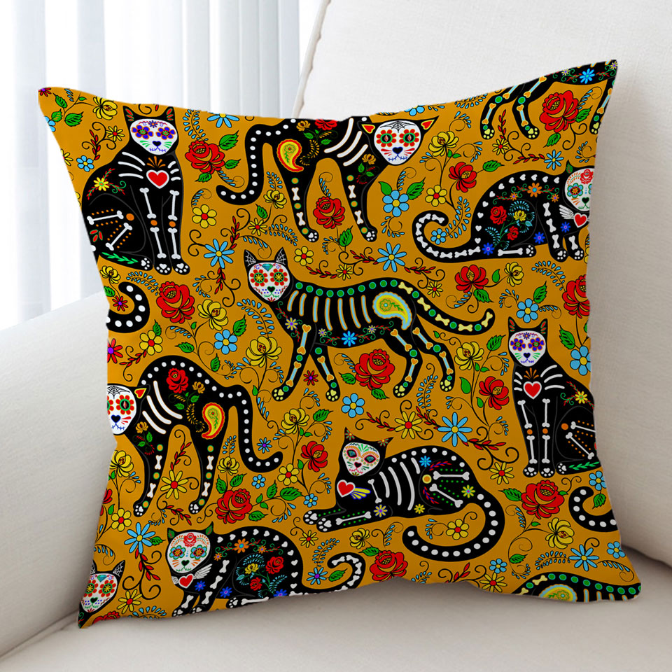 Floral Day of the Dead Cats Cushion Covers