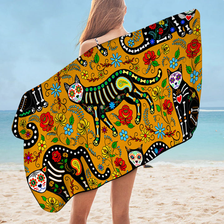 Floral Day of the Dead Cats Unusual Beach Towels