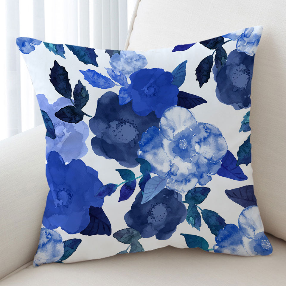 Floral Decorative Cushions Blue Water Colored Flowers
