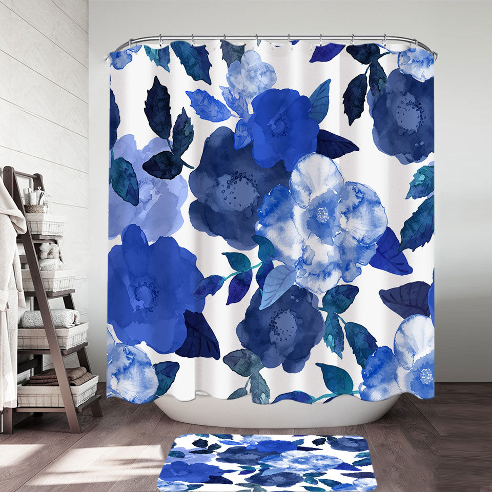 Floral Decorative Shower Curtain Blue Water Colored Flowers