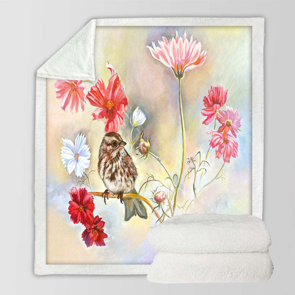 products/Floral-Decorative-Throws-Art-Sparrow-Bird-in-Cosmos-Flowers