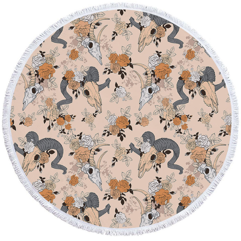 Floral Goat Skulls Circle Beach Towel