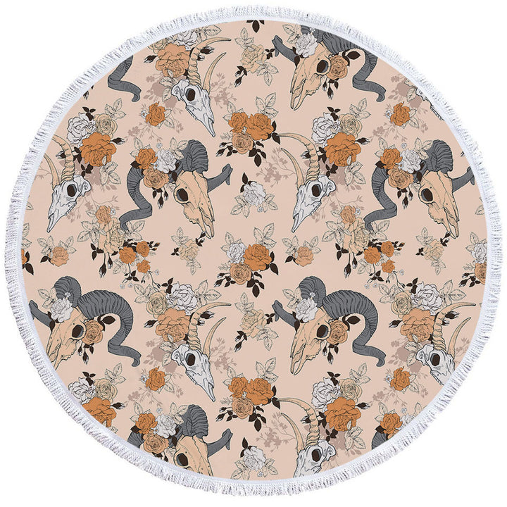 Floral Goat Skulls Circle Beach Towel