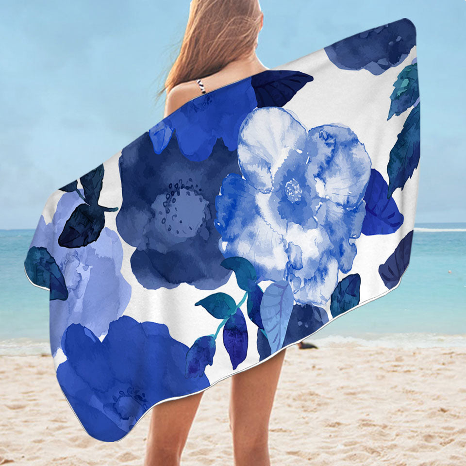Floral Microfiber Beach Towel Blue Water Colored Flowers