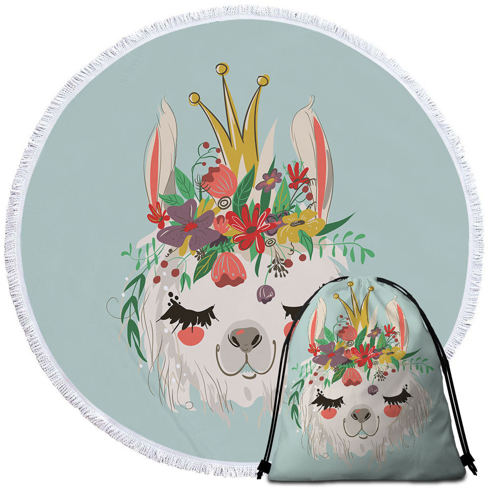 Floral Queen Llama Round Beach Towel and Bag