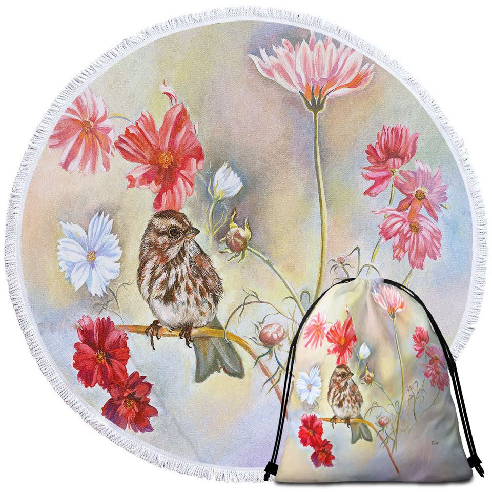 Floral Round Beach Towel Art Sparrow Bird in Cosmos Flowers