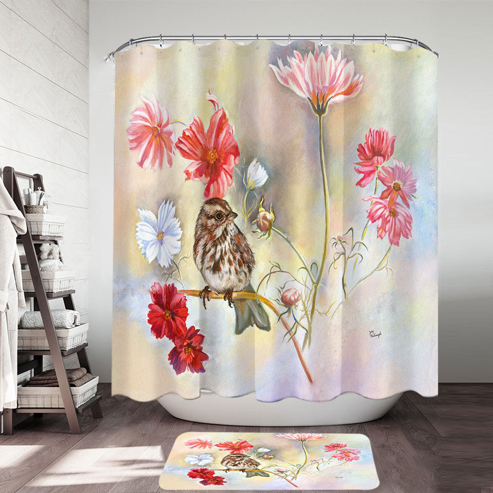 Floral Shower Curtains Art Sparrow Bird in Cosmos Flowers