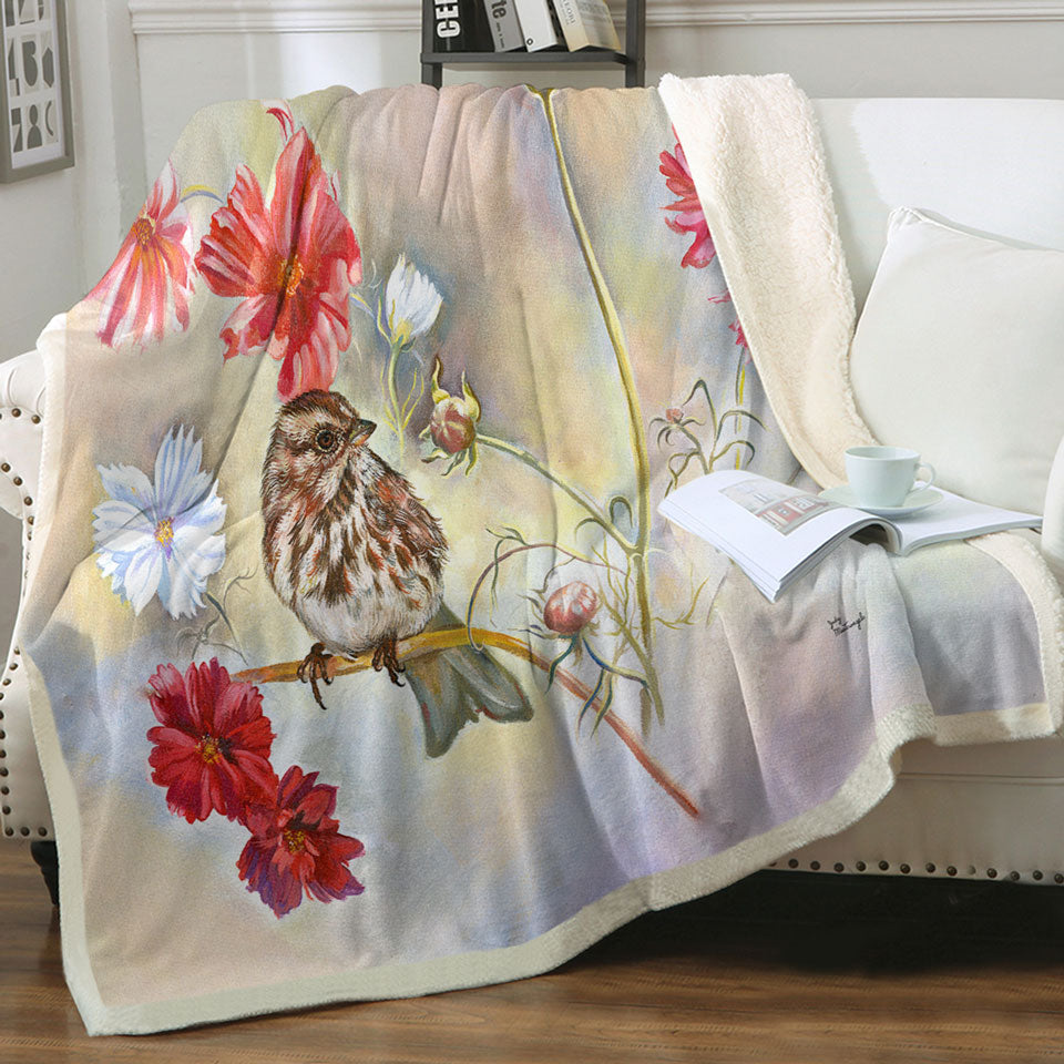 products/Floral-Sofa-Blankets-Art-Sparrow-Bird-in-Cosmos-Flowers