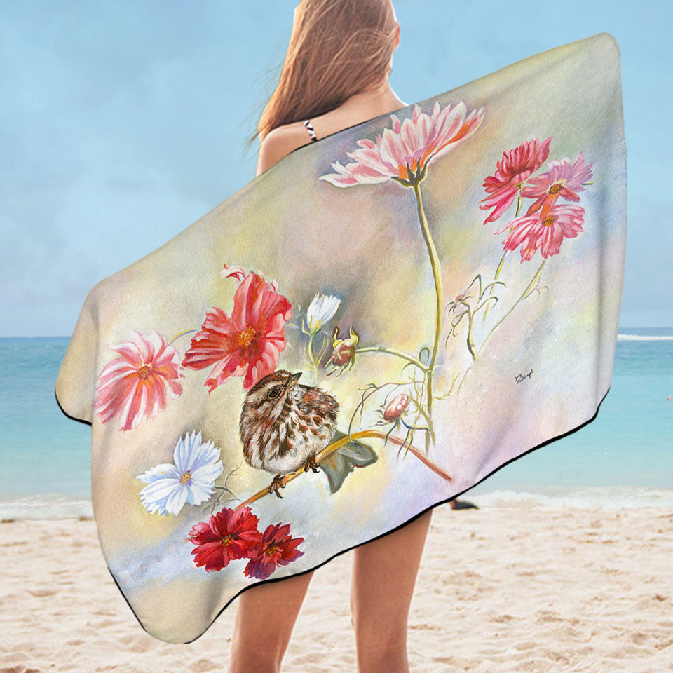Floral Swimming Towels Art Sparrow Bird in Cosmos Flowers