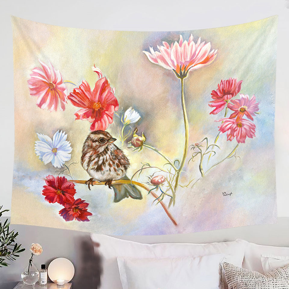 Floral-Tapestry-Art-Prints-Sparrow-Bird-in-Cosmos-Flowers