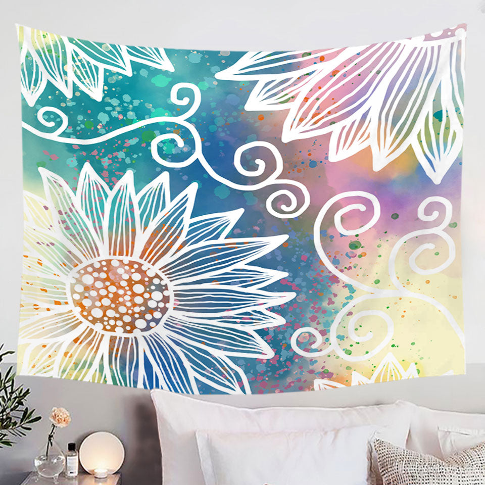 Floral Wall Decor Tapestry White Flower Drawings over Colorful Background