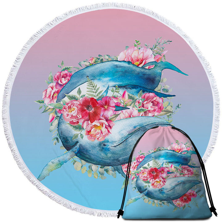 Floral Whales Round Beach Towel