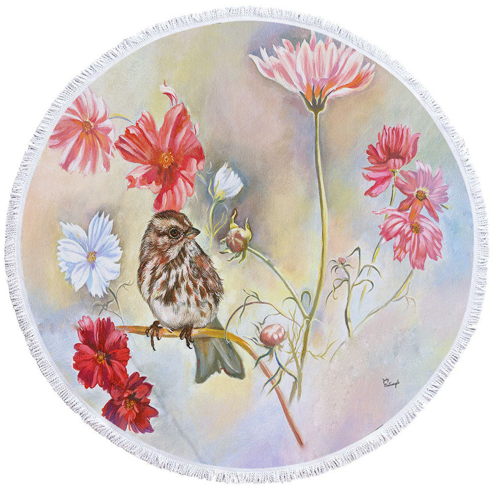 Floral Womens Beach Towel Art Sparrow Bird in Cosmos Flowers