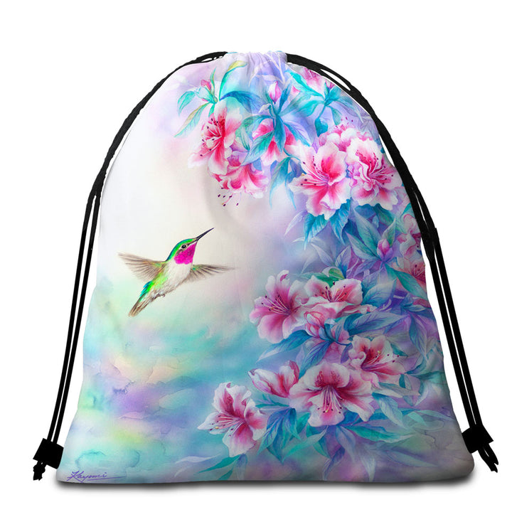 Flower Art Pinkish Hibiscus and Hummingbird Beach Towel Bags